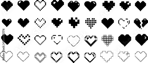 heart, hearts, pixel art, outline, icon, symbol, love, emotion, graphic, design, set, collection, illustration, digital, retro, game, shape, broken heart, solid, empty, white background, modern, abstr