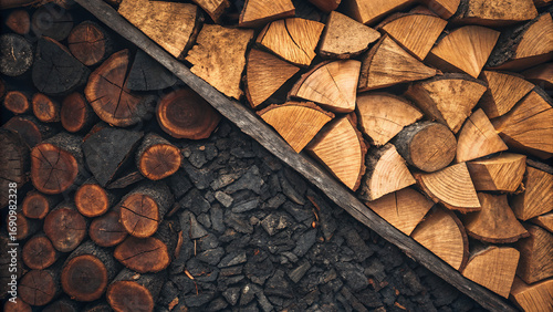 Firewood and Charcoal, Split Composition, Top View