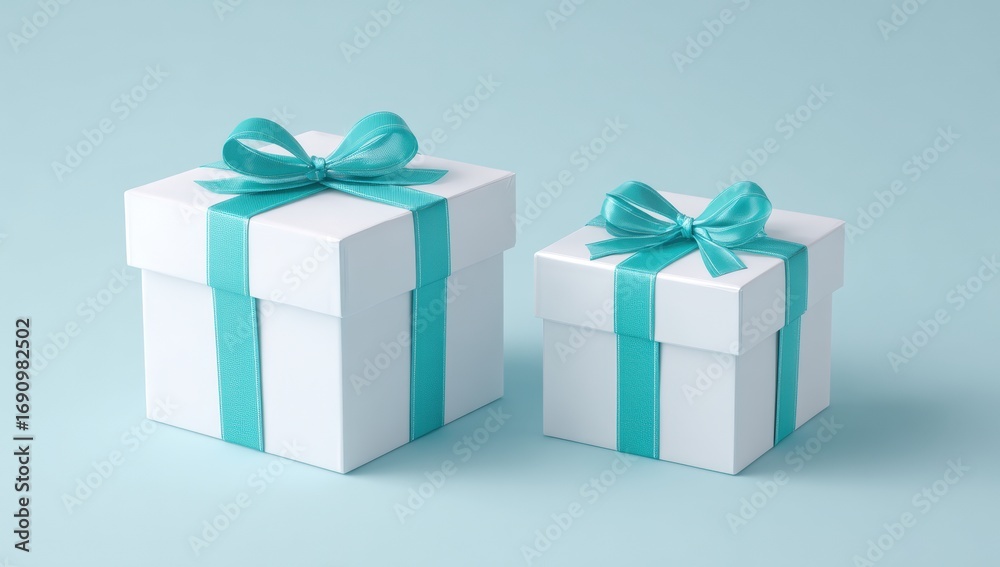 Obraz premium Two white gift boxes with teal ribbons