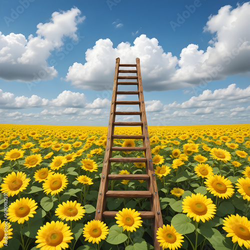 Inspirational sunflower field with vibrant yellow flowers under blue sky and white clouds, wooden ladder in dreamy cinematic landscape, cozy dark aesthetic, 4K ultra-detailed photorealistic