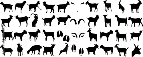 goat, goats, antelope, antelopes, animal, animals, silhouette, black, white background, collection, set, farm, livestock, wild, nature, mammal, hoof, horns, grazing, standing, running, jumping, graphi