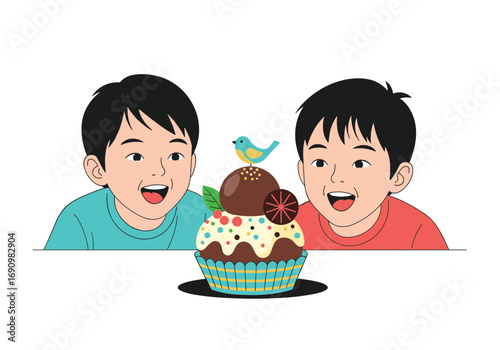 Two happy boys admiring a delicious decorated cupcake with a little bird on top