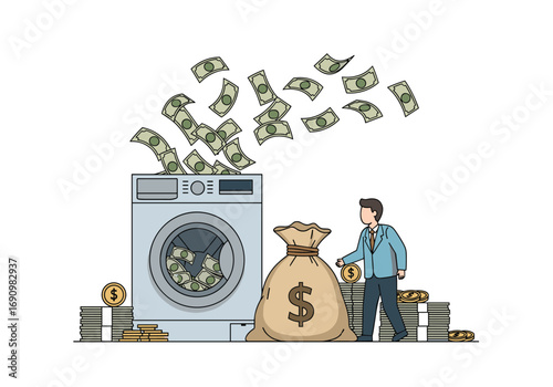 Money laundering concept person throwing cash into washing machine full of money
