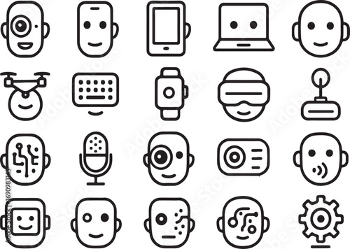 Modern technology icons collection featuring futuristic robots ai faces gadgets drones vr and smart devices