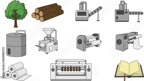 Industrial Paper Manufacturing Process from Tree to Book – Pulping, Refining, Rolling, Drying, Packaging – Educational Vector Illustration for Sustainability