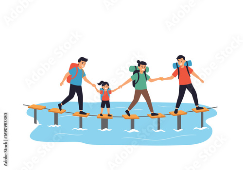 Family adventure crossing wobbly stepping stones over water holding hands