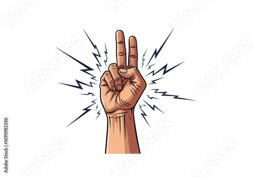 Energetic hand gesture signaling victory or peace with electrical sparks and rays