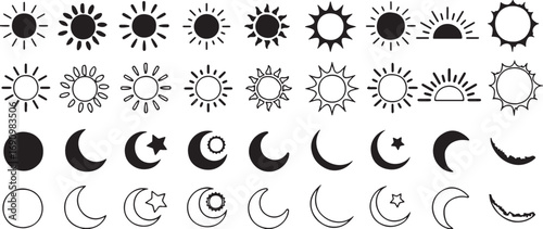 solid, signs/, presented, rows, display, icons, stylized, background., category:, symbols, suns, black, weather, keywords:, both, day, sunset, light, feature, description:, different, lunar, white, ou