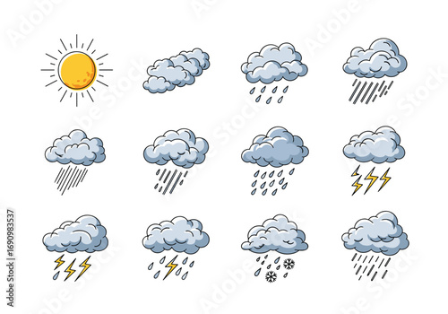 Collection of diverse weather icons showing sun rain stormy clouds and lightning symbols