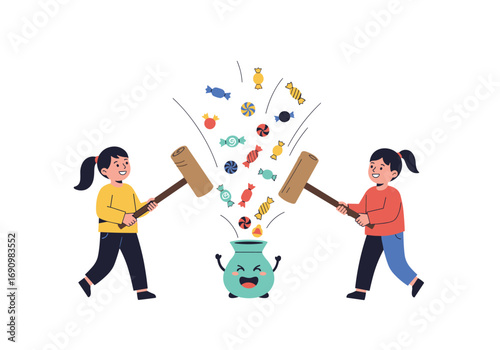 Children breaking a pinata filled with candy and toys to celebrate a fun event