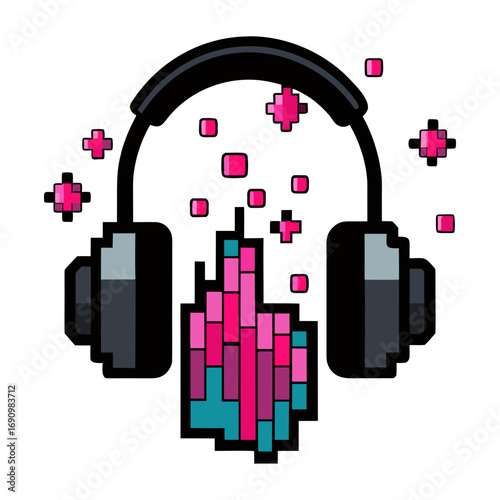 Pixelated headphones emitting colorful sound waves silhouette