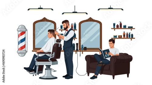 Skilled barber meticulously cuts client s hair in a vintage barbershop with ornate mirrors and barber pole while another client waits reading a magazine