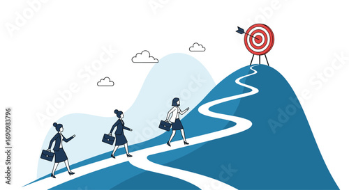 Diverse group of businesswomen working together on a winding path towards a mountainous goal with a bullseye target at the summit