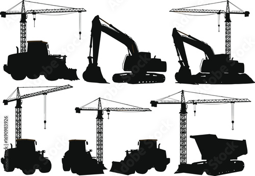 Construction cranes, excavators, dump trucks, bulldozers, heavy machinery, crawler tractors, earthmoving equipment, building site tools, industrial vehicles, construction machines