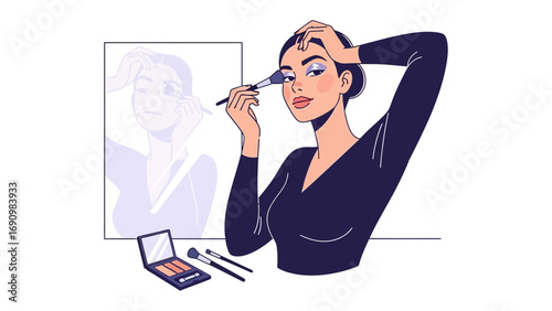 Stylish illustration of a woman applying makeup in front of a mirror with a makeup palette and brushes on a white background