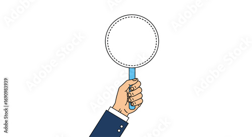 Hand holding magnifying glass examining circular data points revealing insights and patterns