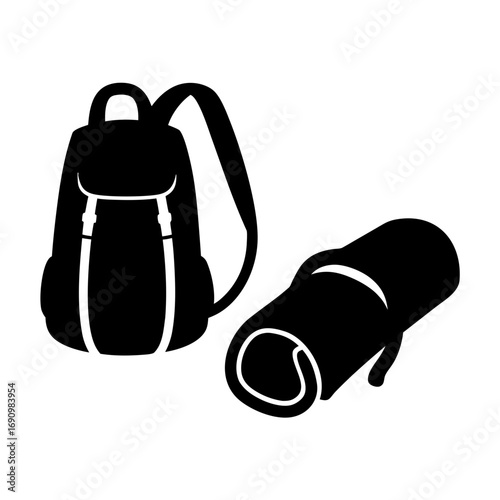 Backpack and rolled sleeping bag silhouette for camping