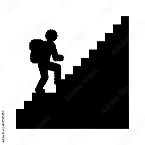 Person with backpack ascending stairs in silhouette