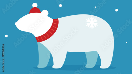 A whimsical cartoon illustration of a big polar bear in the wild snow, a fun and cute baby animal design