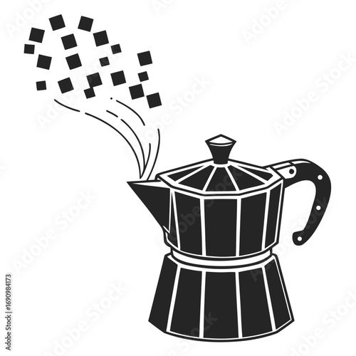 Espresso moka pot silhouette with steam and coffee beans