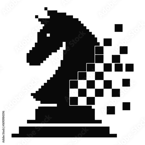 Pixelated chess knight silhouette dissolving into digital squares