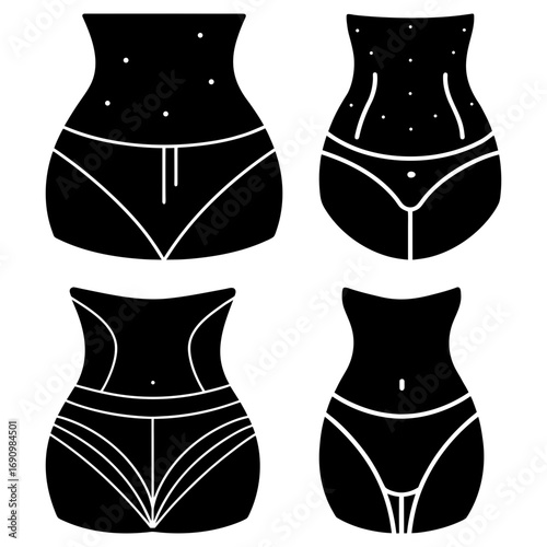 Four black and white female torsos with different underwear designs in a stylized vector illustration
