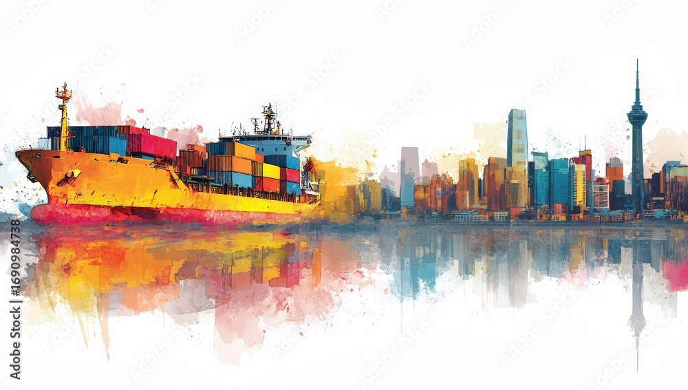 Obraz premium Watercolor cityscape with cargo ship