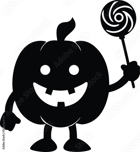 Adorable cartoon pumpkin character cheerfully holding a sweet lollipop isolated on white background isolated on transparent background