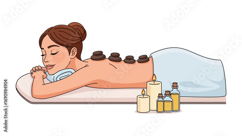 Relaxing woman receiving a hot stone massage therapy treatment with essential oils and candles for ultimate spa wellness and rejuvenation