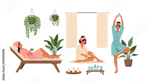 Serene women enjoying a peaceful spa day at home with plants relaxation self care and wellness activities