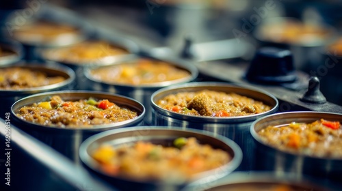 Wet pet food being portioned into aluminum cans. Industrial food production line