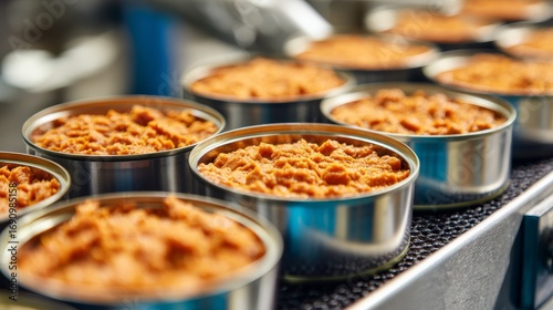 Wet pet food being portioned into aluminum cans. Industrial food production line