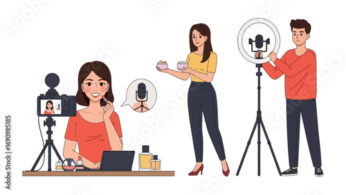 Diverse group of young content creators filming online videos using professional equipment like cameras and ring lights for social media platforms
