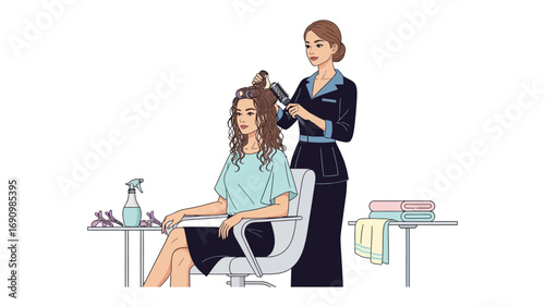 Professional hairstylist carefully blow drying and styling a client s long brown hair in a bright salon setting with tools on a table