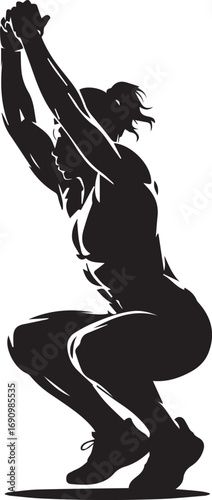 Strong female fitness athlete silhouette performing a dynamic squat exercise dynamic movement