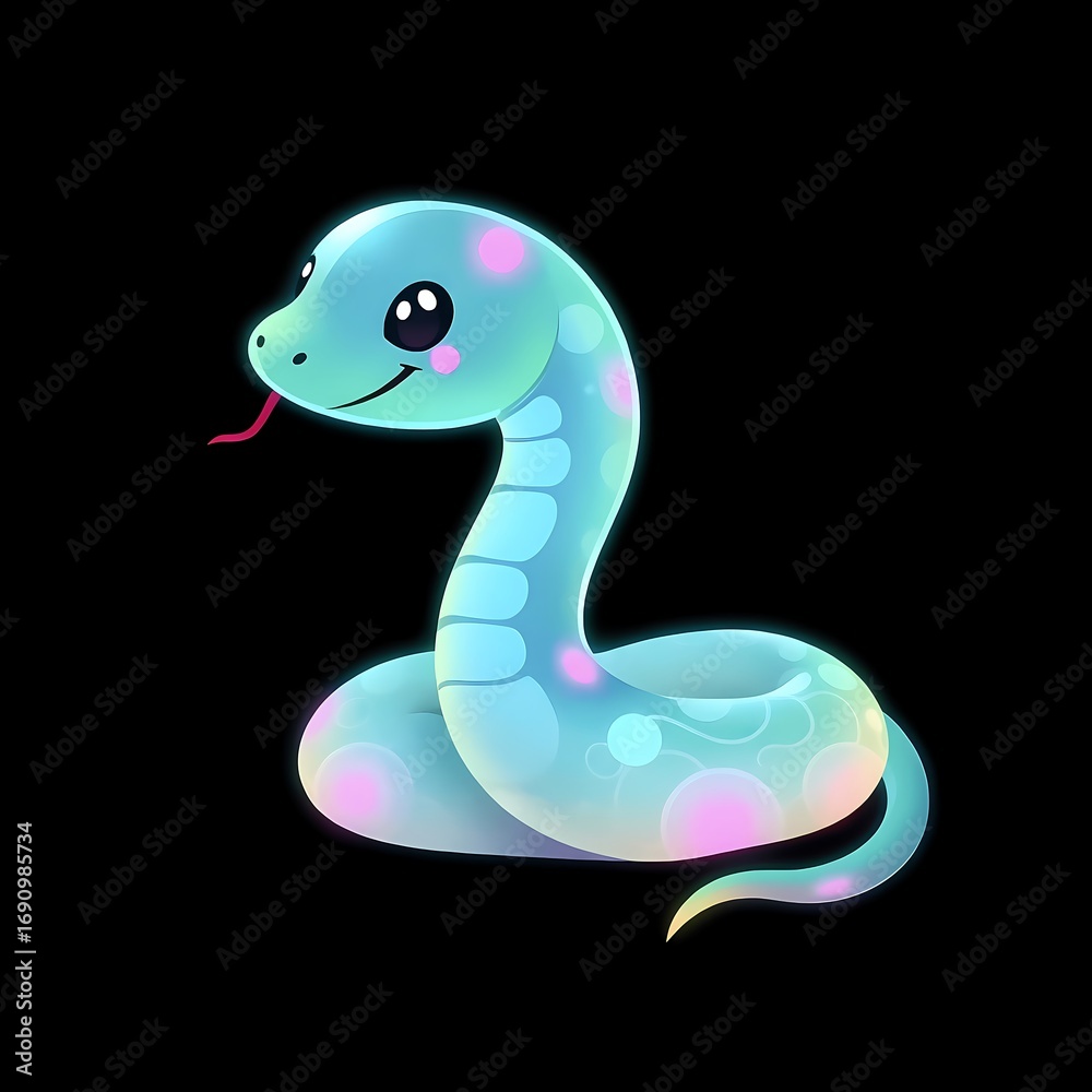 Fototapeta premium Cute Pastel Glowing Snake on a Black Background