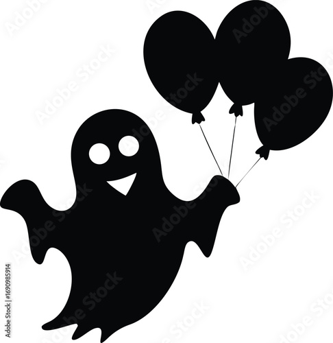 Cute happy ghost in pajamas happily flying through the sky holding a bunch of colorful balloons isolated on white background isolated on transparent background