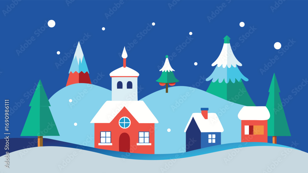 Fototapeta premium Flat design cartoon winter village with snow covered houses and trees vector illustration