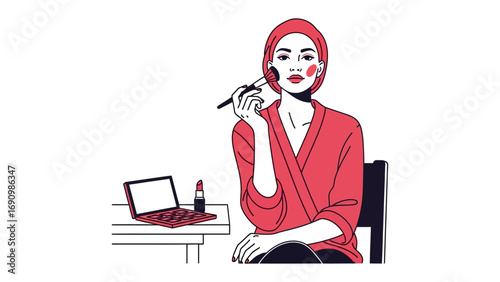 Stylish woman applying makeup with a brush while wearing a red robe and headscarf sitting at a desk with a laptop and cosmetics