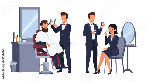 Two professional barbers in formal attire giving haircuts to male and female clients in a modern salon setting with mirrors and styling tools