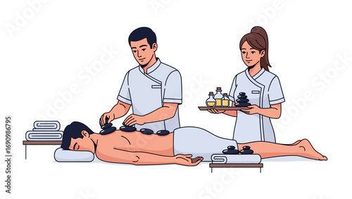Professional spa therapists performing a relaxing hot stone massage on a male client in a tranquil wellness center setting