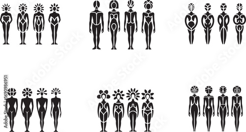 Stylized human figures with floral and abstract designs