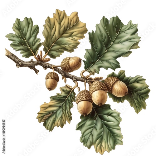  Detailed Oak Branch with Acorns and Leaves