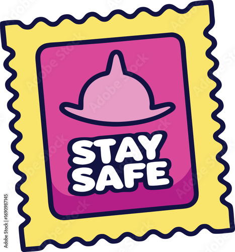 Condom Packet with Stay Safe Message and Icon vector text