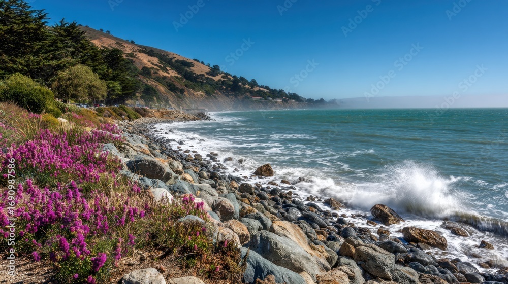 Fototapeta premium Coastal scenery with vibrant pink wildflowers
