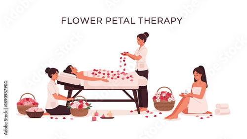 Relaxing flower petal therapy session with two therapists gently placing delicate rose petals on a reclining woman