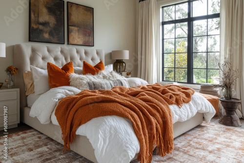 Large bed with orange blankets in bedroom.