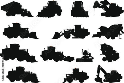 Construction vehicles silhouettes, bulldozers, dump trucks, loaders, cement mixers, road rollers, graders, heavy equipment machines, industrial construction tools, earthmoving machinery