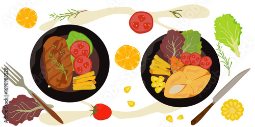 Salmon steak and beef steak arranged on a plate. Vector illustration. Cartoon steak illustration.