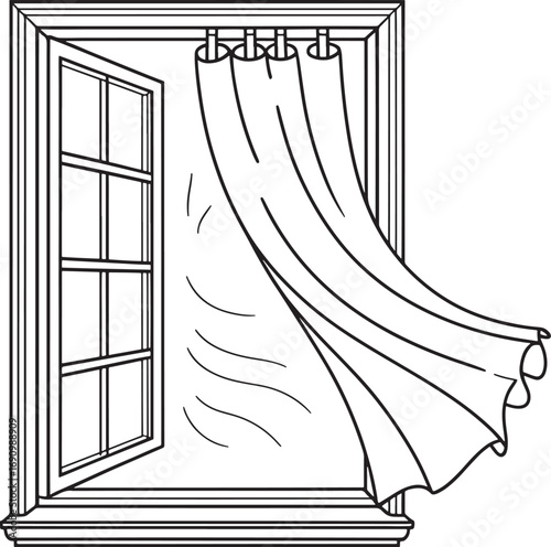 Open window curtains gently blowing inward with german text